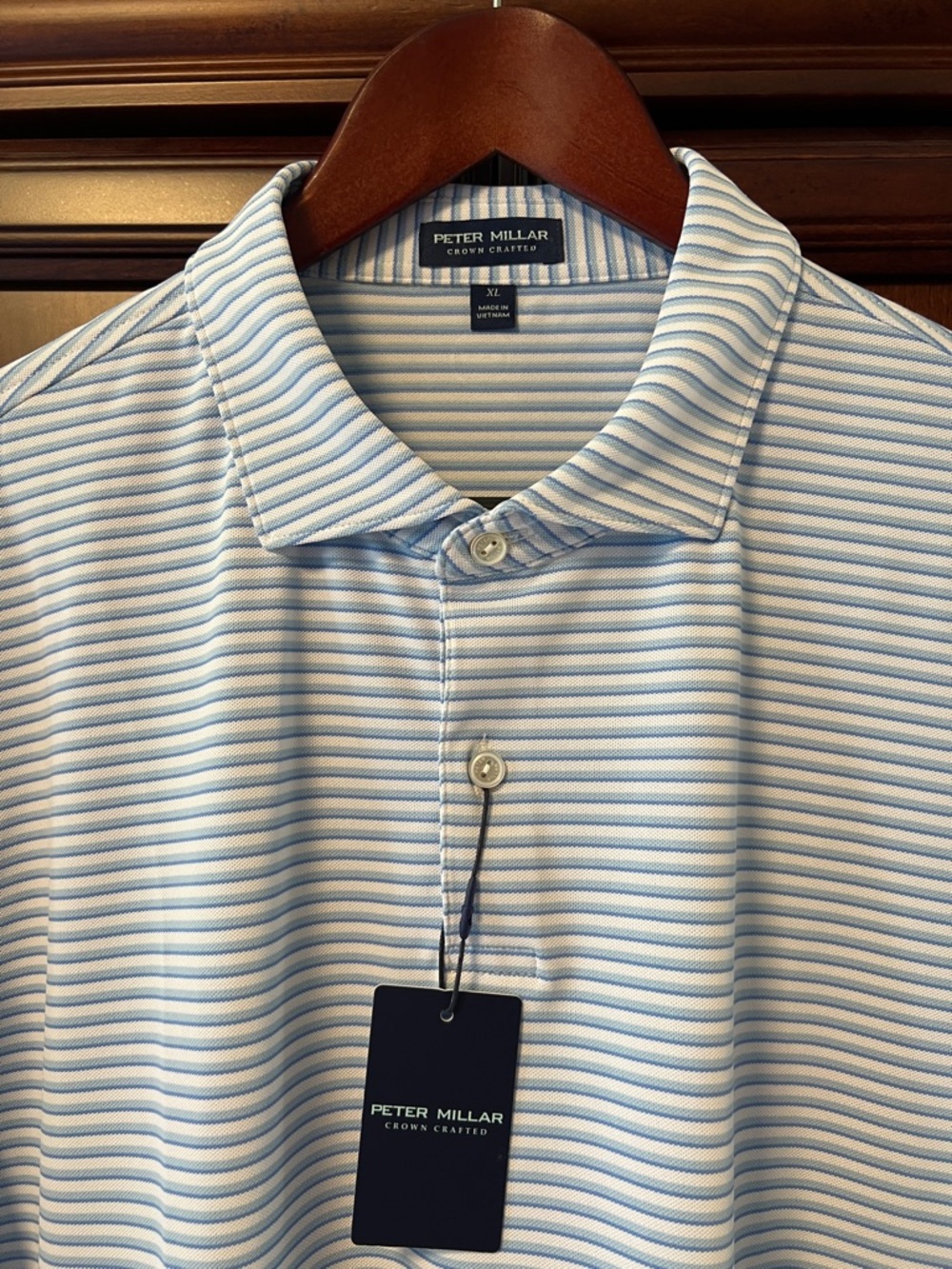 Brand New Peter Millar Crown Crafted Tailored Fit Blue & White Stripes Golf Polo